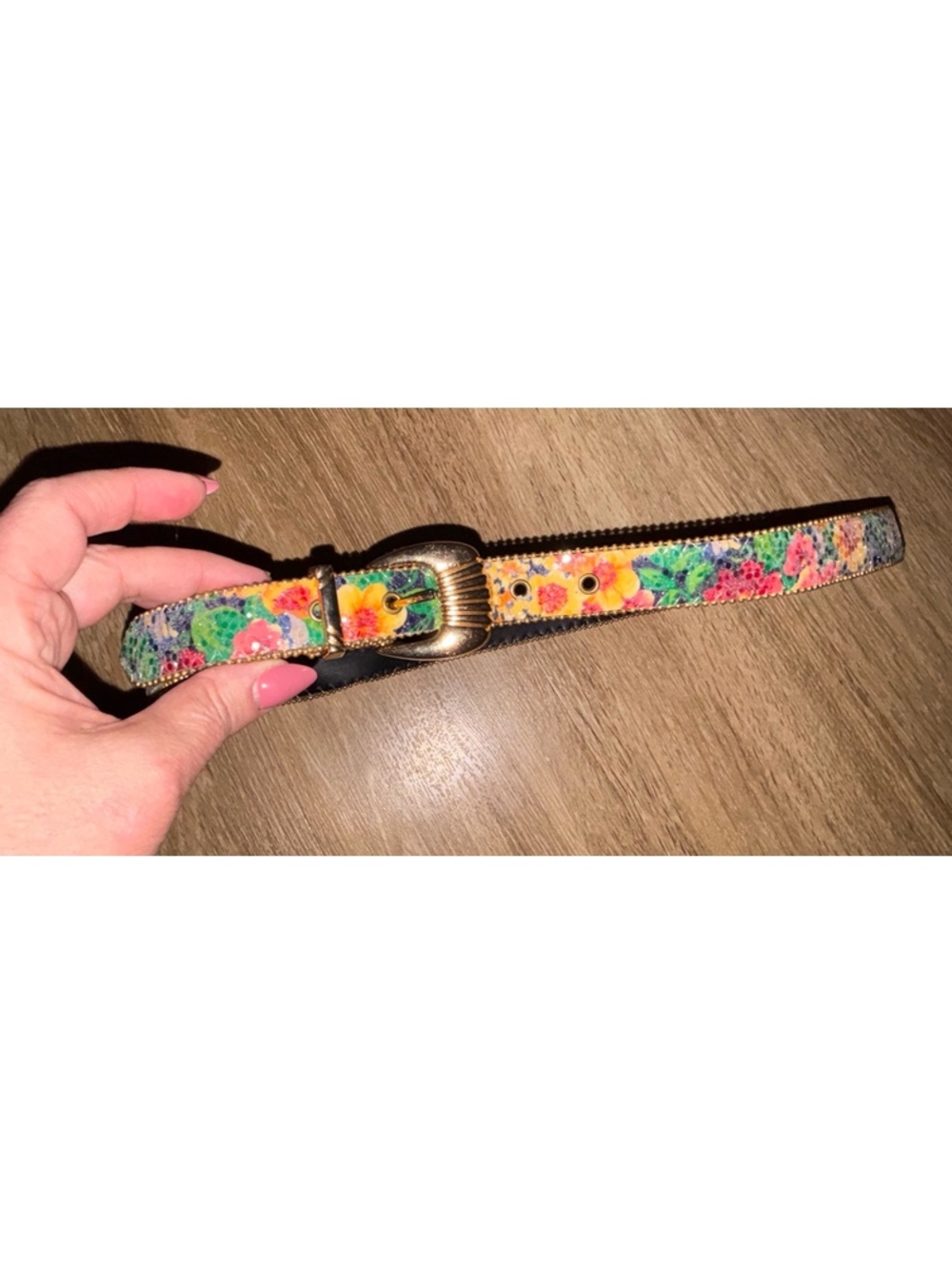 Vintage Floral Belt Womens Large Leather Gold Buckle Boho Western Colorful AI